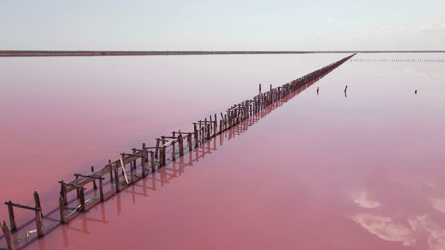Aerial view of wooden structures for collecting salt on a pink lake, Genichesk