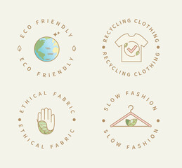 Eco friendly manufacturing fashion logo,label. Icons, badges for natural and quality recycling clothing, ethical fabric and slow fashion with eco sustainable materials.Conscious fashion.Vector - obrazy, fototapety, plakaty