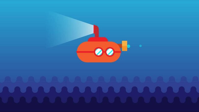 Animated Underwater Submarine. Flat design cartoon video clip in High resolution.