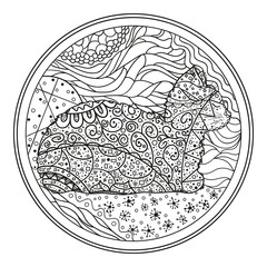 Cat. Circle mandala. Zen art. Outline for t-shirts. Hand drawn cat with abstract patterns on isolation background. Design for spiritual relaxation for adults. Black and white illustration for coloring