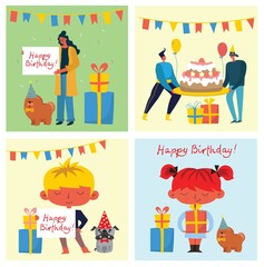 Obraz premium Happy birthday party background. Happy group of people celebrate on a bright background. Vector illustration