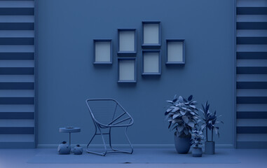 Poster frame background room in flat dark blue color with 6 frames on the wall, solid monochrome background for gallery wall mockup, 3d rendering