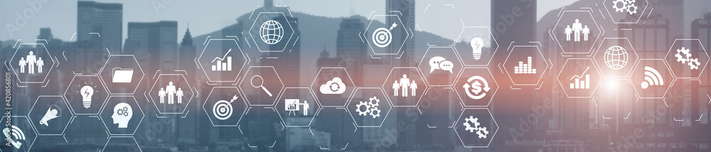Poster erp enterprise resource planning system on virtual screen with connections between business intellig