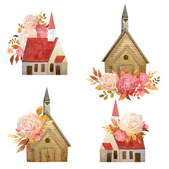 Hand-drawn watercolor set with churches isolated on white background. Compositions with Christian churches decorated with flowers are suitable for holidays, invitations, postcards, wallpapers.


