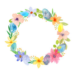 Watercolor Easter wreath of flowers and eggs isolated on a white background is suitable for invitations, cards, Easter decor, stationery and scrapbooking.
