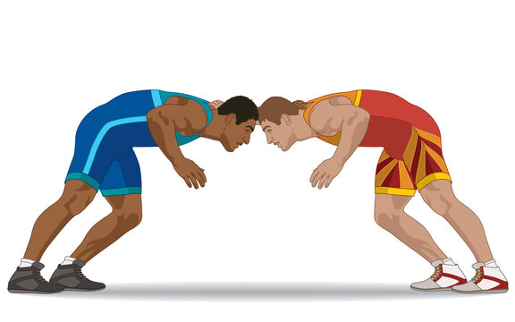 two male wrestlers in greco-roman wrestling pose isolated on a white background