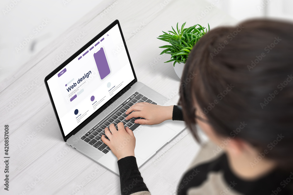 Poster Web designer work on laptop computer on webpage layout concept