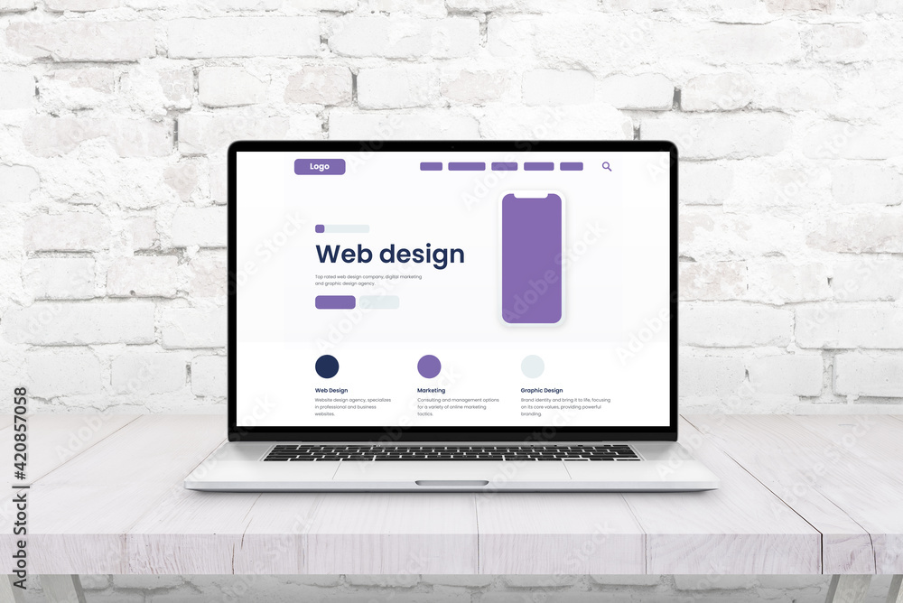Poster Laptop computer with web page layout. Concept of web and graphic design studio
