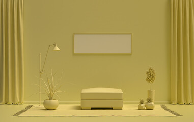 Single Frame Gallery Wall in light yellow color monochrome flat room with furnitures and plants, 3d Rendering