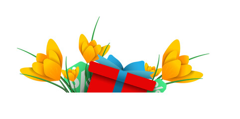 Banner for your site at a discount. Gift box with flowers and discount tags. Can be used over a pop-up at spring discounts.