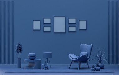 Mock-up poster gallery wall with 7 frames in solid pastel dark blue room with furnitures and plants, 3d Rendering