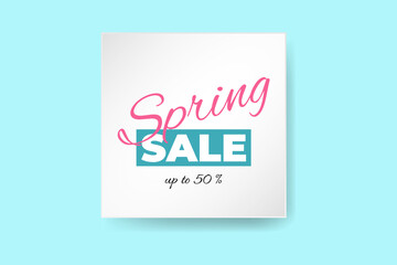 Real paper card for sale in spring with handwritten inscription in square frame on blue background. Template banner for your business. Banner for spring sale. Vector