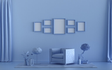 Mock-up poster gallery wall with 7 frames in solid pastel light blue room with furnitures and plants, 3d Rendering