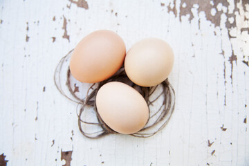 eggs lie on an old white table