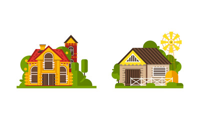 Rural Farm Area with House and Building Rested on Green Lawn Vector Set