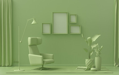 Interior room in plain monochrome light green color, 4 frames on the wall with furnitures and plants, for poster presentation, Gallery wall. 3D rendering