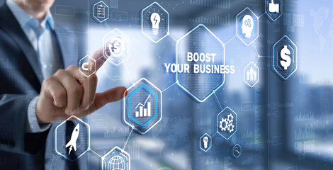 Boost Your Business 2021. Businessman touching finger virtual screen