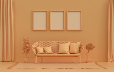Gallery wall with three frames, in monochrome flat single orange pinkish color room with single chair and plants,  3d Rendering