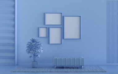 Interior room in plain monochrome light blue color, 4 frames on the wall with single chair and plants, for poster presentation, Gallery wall. 3D rendering