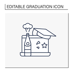 Graduation online party line icon. Online party through coronavirus. Contactless celebration. Graduate cap.Graduation concept.Isolated vector illustration.Editable stroke
