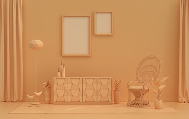 Double Frames Gallery Wall in orange pinkish color monochrome flat room with furnitures and plants, 3d Rendering