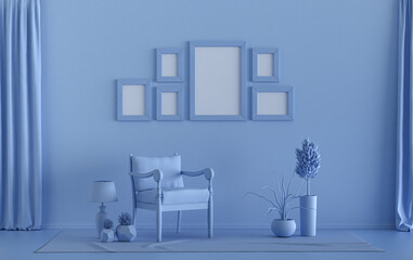 Wall mockup with six frames in solid flat  pastel light blue color, monochrome interior modern living room with furnitures and plants, 3d rendering