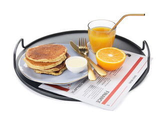 Tray with tasty breakfast on white background