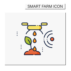 Irrigating land color icon. Digital drone smart agriculture irrigate plane. Spray chemical to wheat field. Smart farming concept. Isolated vector illustration