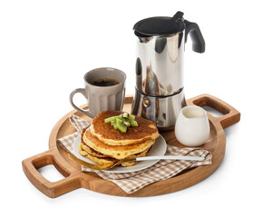 Wooden tray with tasty breakfast on white background