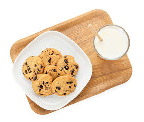 Wooden tray with sweet cookies and milk on white background