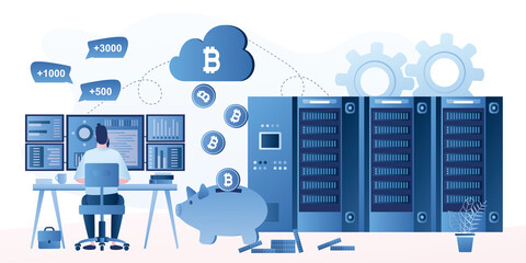 Big mining farm. Video cards earns bitcoins. Male miner or businessman at workplace. Monitoring equipment operation. Process of earning cryptocurrency.