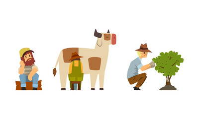 Bearded Man Farmer Picking Berries and Milking Cow Vector Set