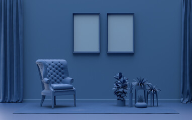 Double Frames Gallery Wall in dark blue monochrome flat color room with single chair and plants, 3d Rendering
