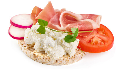 Rice cakes with cream cheese and jamon, isolated on white background. High resolution image