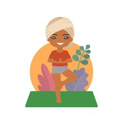 Cute indian chibi boy doing yoga on background with pattern. Cartoon flat style