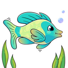 Funny fish in cartoon style isolated on white background. Vector illustration of green sea animal. Trendy fish for books, print, games.
