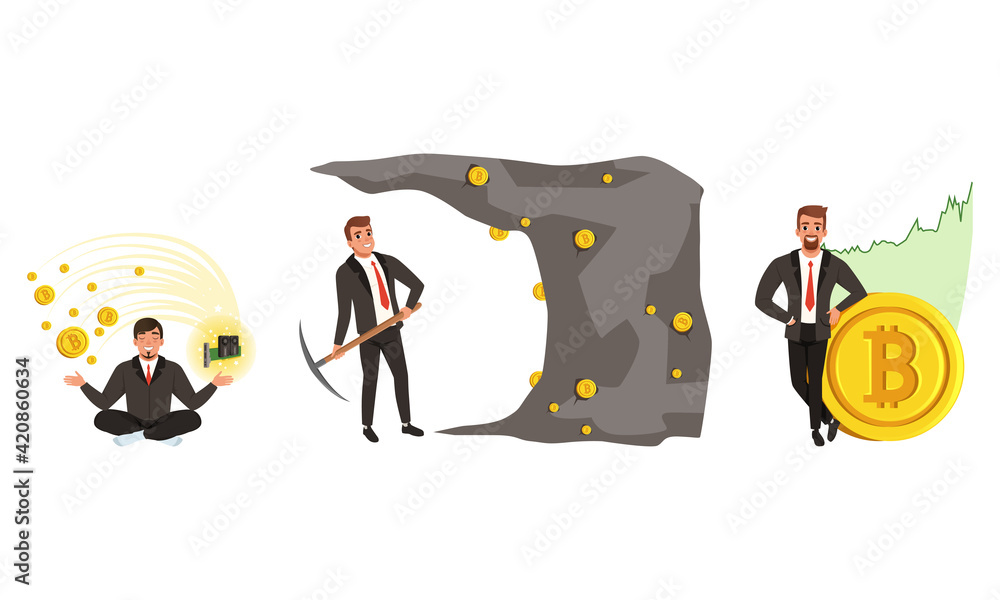 Poster business man character extracting cryptocurrency and golden bitcoins with pickaxe vector set