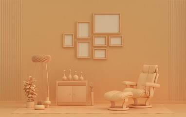 Mock-up poster gallery wall with 7 frames in solid pastel orange pinkish room with furnitures and plants, 3d Rendering