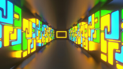 Colorful Cube Neon Tunnel Background 3d render