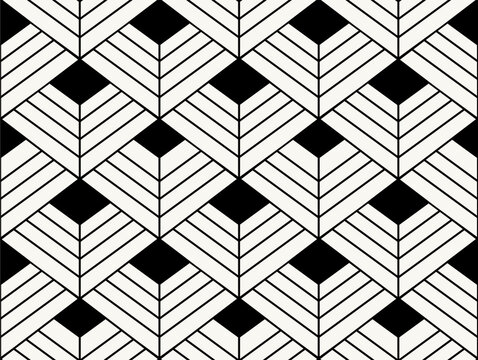 Seamless pattern, geometric pattern. Photo wallpapers for walls. Rhombuses, 3 d illusion, black and white drawing. Lines.