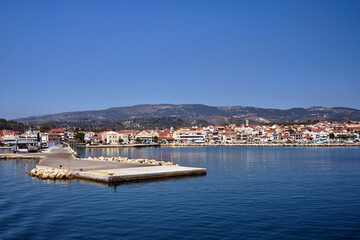 View of the port and buildings of the city of Lixouri on the island of Kefalonia