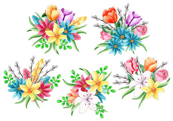 Watercolor Spring Easter Flower Bouquets Collection.