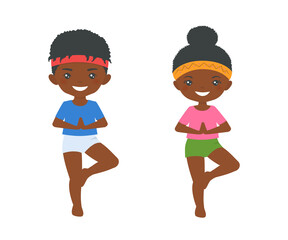 Cute african american chibi boy and chibi girl practice yoga isolated on white background. Cartoon flat style