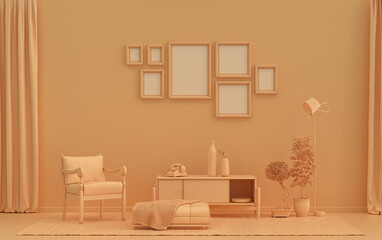 Fototapeta premium Minimalist living room interior in flat single pastel orange pinkish color with seven frames on the wall and furnitures and plants, in the room, 3d Rendering
