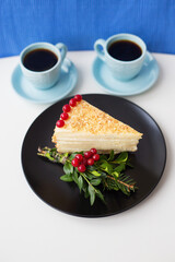 piece of cake decorated with tree branches and berries viburnum on a black plate