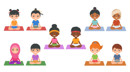 Yoga for kids.Set of cute chibi girls and boys of different nationalities doing yoga.  Cartoon flat style