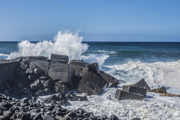 Beautiful big Ocean waves coming to the Atlantic shore Tenerife. Puerto de la Cruz town, Tenerife,...