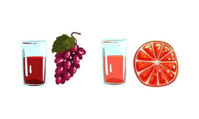 Glass of Fresh Squeezed Juice with Fruit Ingredient Rested Nearby Vector Set