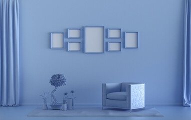 Mock-up poster gallery wall with 7 frames in solid pastel light blue room with single chair and plants, 3d Rendering