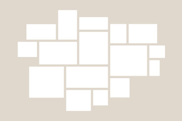 Photo frames collage mockup. Blank geometric shapes. White color pallet, rectangle frames montage. Vector art